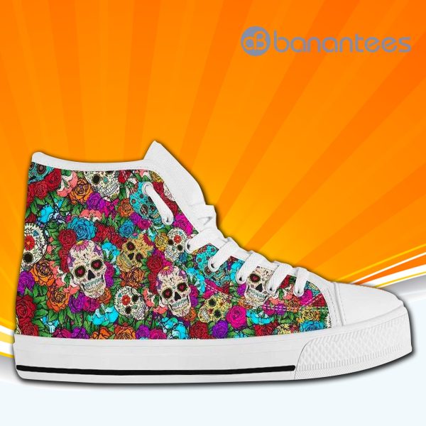 Sugar Skull And Flowers High Top Canvas Shoes Sneakers For Men And Women Product Photo