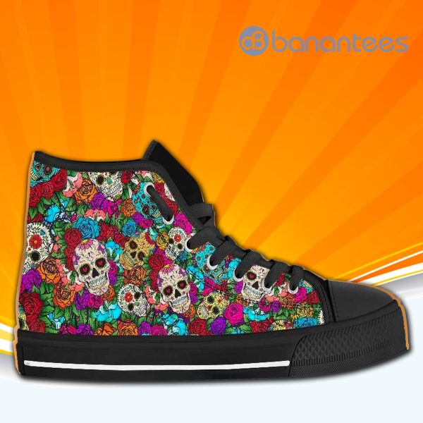 Sugar Skull And Flowers High Top Canvas Shoes Sneakers For Men And Women Product Photo