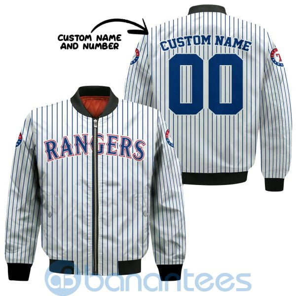 Texas Rangers Stripes Custom Name Number Bomber Jacket Product Photo
