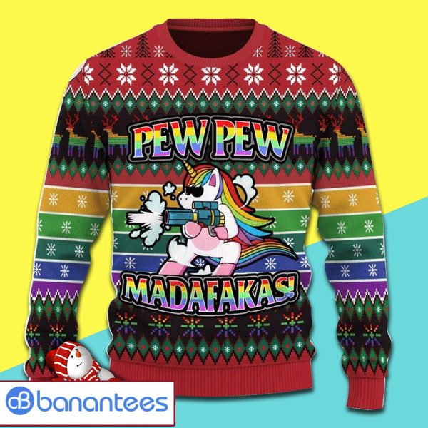 Unicorn LGBT Pew Pew Party Full Print Ugly Christmas Sweater Product Photo