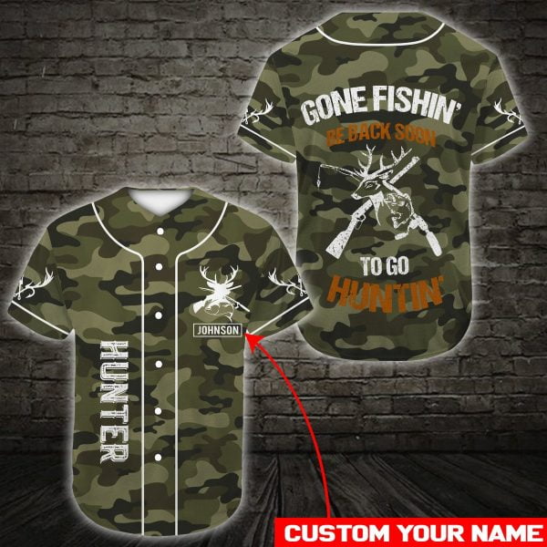 Custom Name Camo Deer And Fish Hunting Lovers Unisex Jersey Baseball Shirt Product Photo