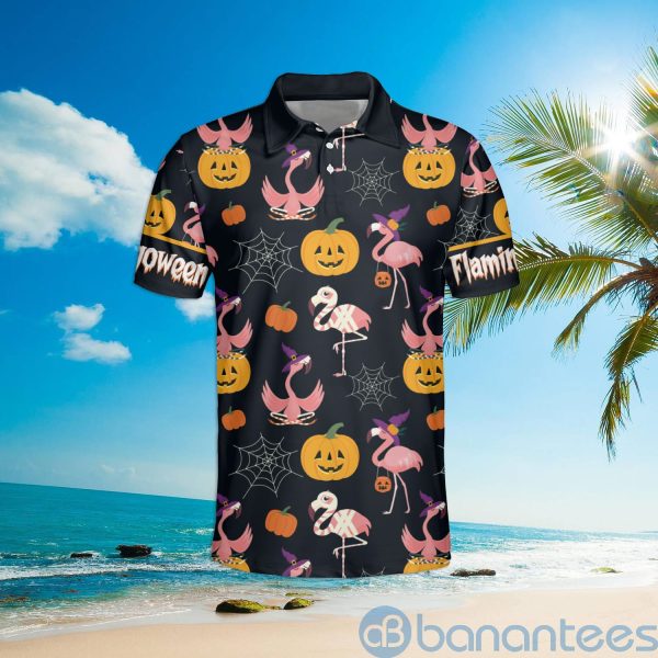 Funny Flamingo Witch Pumpkin Halloween Flamingo Polo Shirt Product Photo