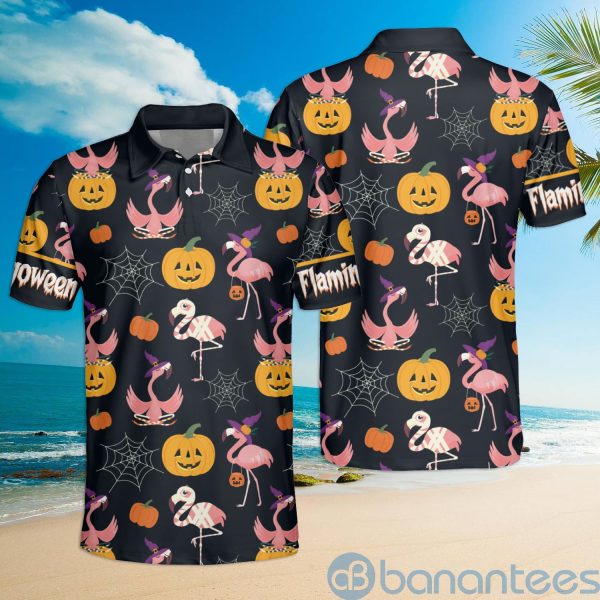 Funny Flamingo Witch Pumpkin Halloween Flamingo Polo Shirt Product Photo