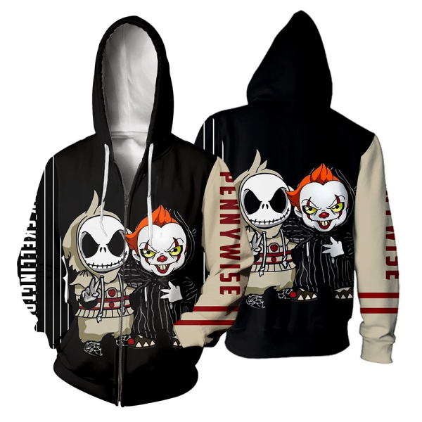 Jack Skellington Pennywise Horror You Halloween Nightmare Before Christmas Zip Hoodie - 3D Zip Hoodie - Black