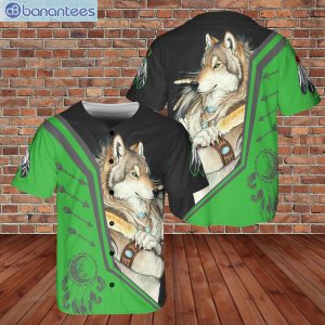 Native Wolf Dreamcatcher Green Black Style Baseball Jersey Shirproduct photo 1