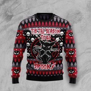 Tis The Season Tobe Spooky Black Cat Spooky Halloween Sweater - AOP Sweater - Red
