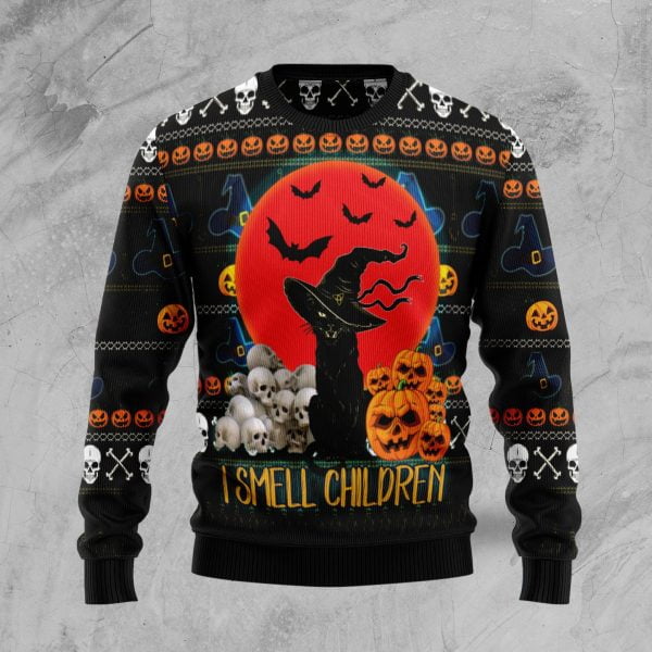 Ugly Black Cat I Smells Children Halloween Sweater - AOP Sweater - Black