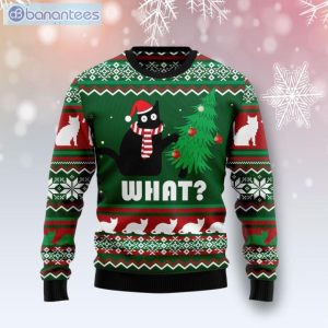 Black Cat What And Christmas Tree Christmas Ugly Sweater Product Photo 1
