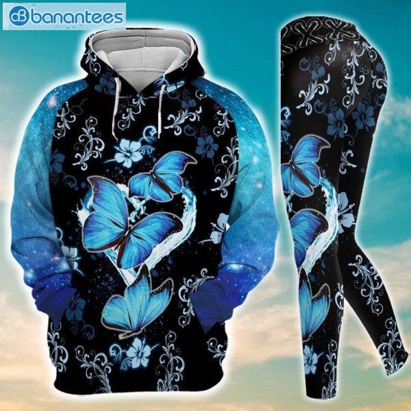 Butterfly Flowers Blue Galaxy 3D Printed Leggings Hoodie Set Product Photo 2
