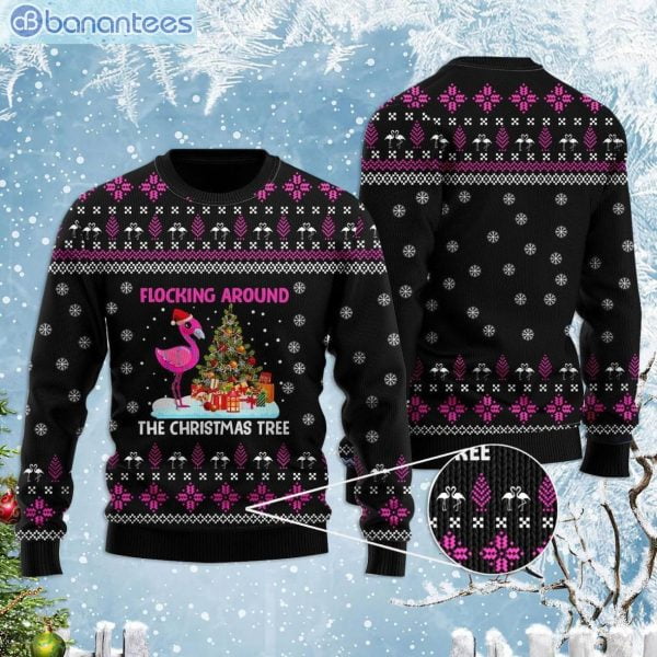 Funny Flamingo Flocking Around The Christmas Tree Ugly Christmas Sweaterproduct photo 1