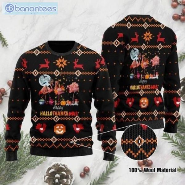 Hallothanksmas Flamingos Christmas Ugly Sweater Product Photo 1