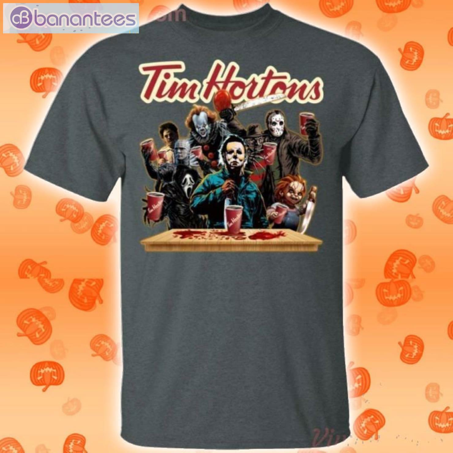 Horror Characters Drinking Tim Hortons Funny T-Shirt Horror Characters Drinking Tim Hortons Funny T-Shirt Product Photo 2