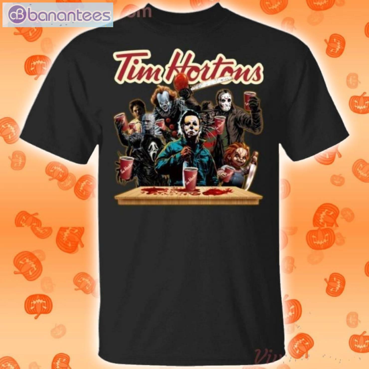 Horror Characters Drinking Tim Hortons Funny T-Shirt Horror Characters Drinking Tim Hortons Funny T-Shirt Product Photo 1