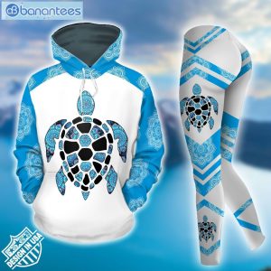 Sea Turtle And Mandala Pattern Blue And White Leggings Hoodie Set Product Photo 2