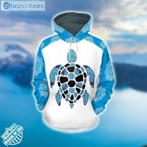 Sea Turtle And Mandala Pattern Blue And White Leggings Hoodie Set Product Photo 1