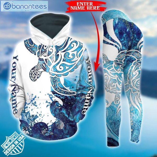 Sea Turtle Personalized Blue And White Best Design 3D Printed Leggings Hoodie Set Product Photo 2