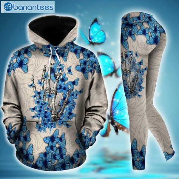 Skeleton Hand Butterfly Blue And Khaki Unique 3D Printed Leggings Hoodie Set Product Photo 2