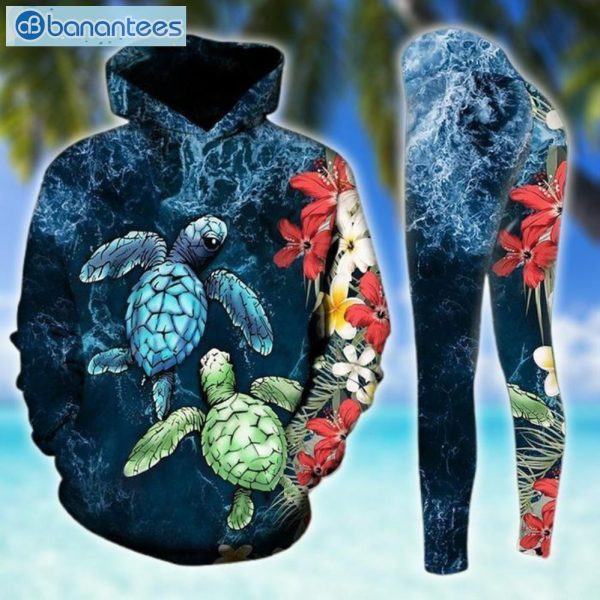 Turtle Flower Hawaii Blue Unique 3D Printed Leggings Hoodie Set Product Photo 2