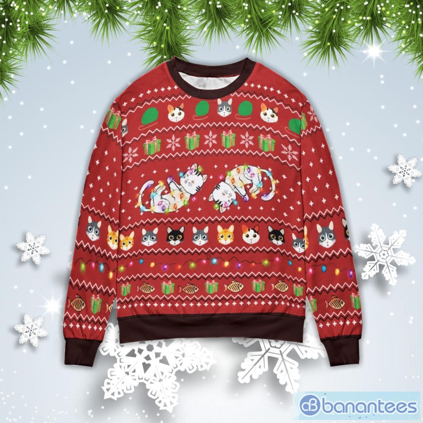 Cat Play With Christmas Led Christmas Gift Ugly Christmas Sweater Product Photo 1