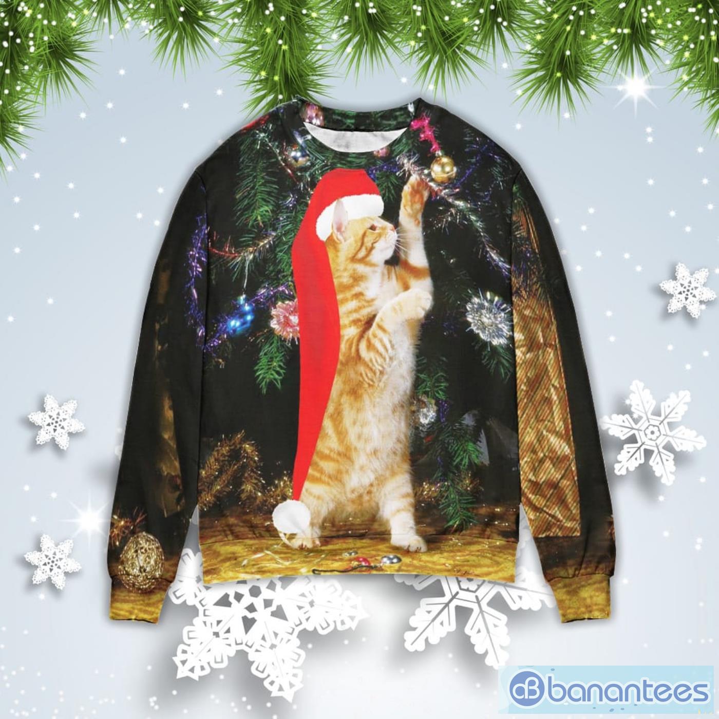 Cat Play With Christmas Tree Christmas Gift Ugly Christmas Sweater Product Photo 1
