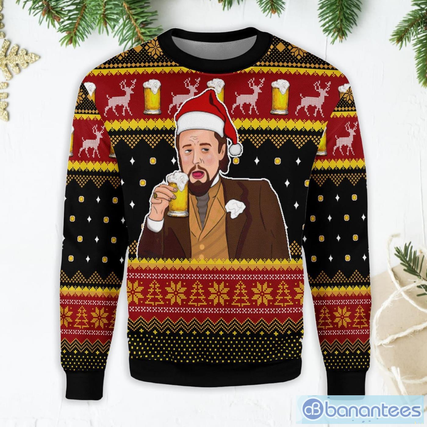 Leo Laughing Meme Drinking Bear Ugly Christmas Sweater Product Photo 1