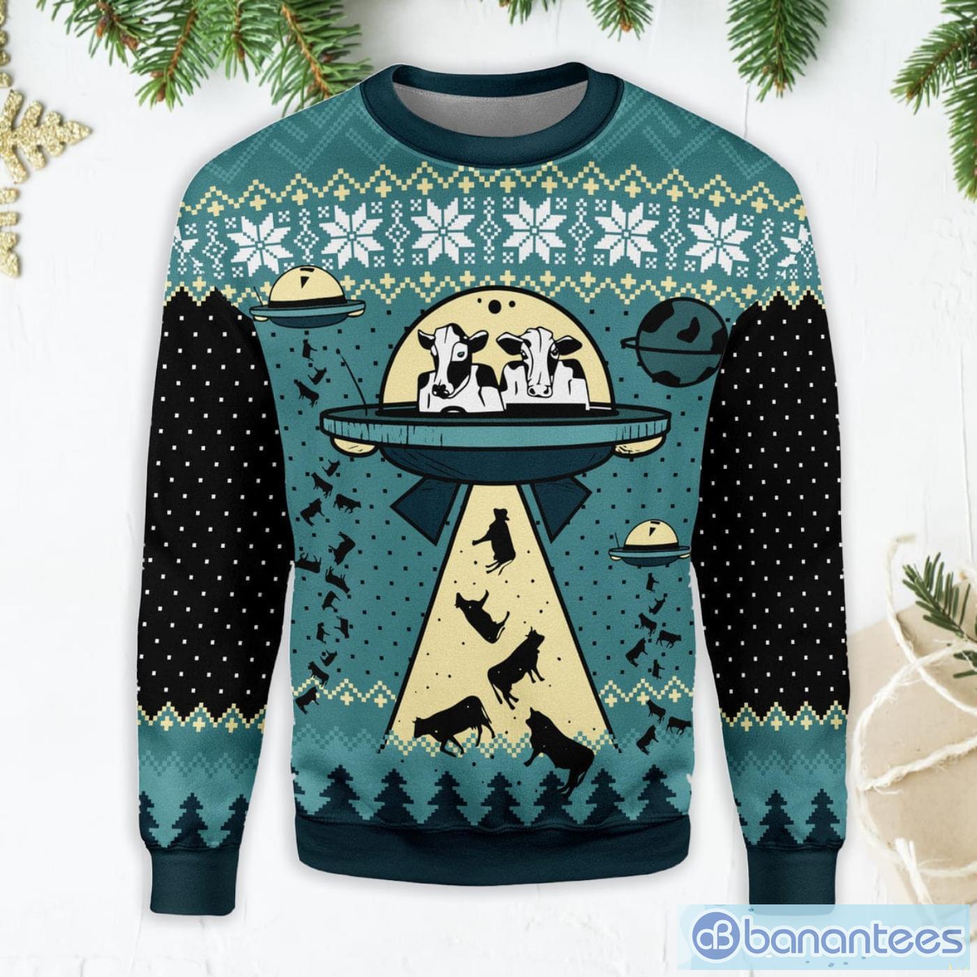 UFO ALien Cow Abduction Ugly Christmas Sweater Product Photo 1