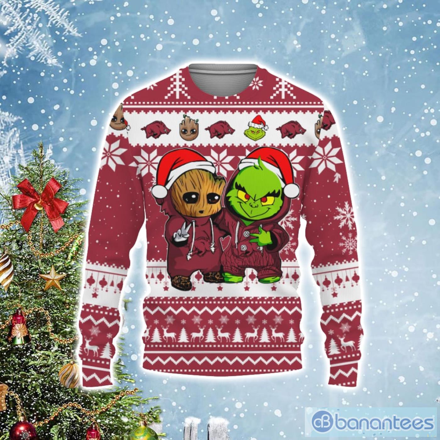 Arkansas Razorbacks Baby Groot And Grinch Best Friends Football Ugly Christmas Sweater Product Photo 1