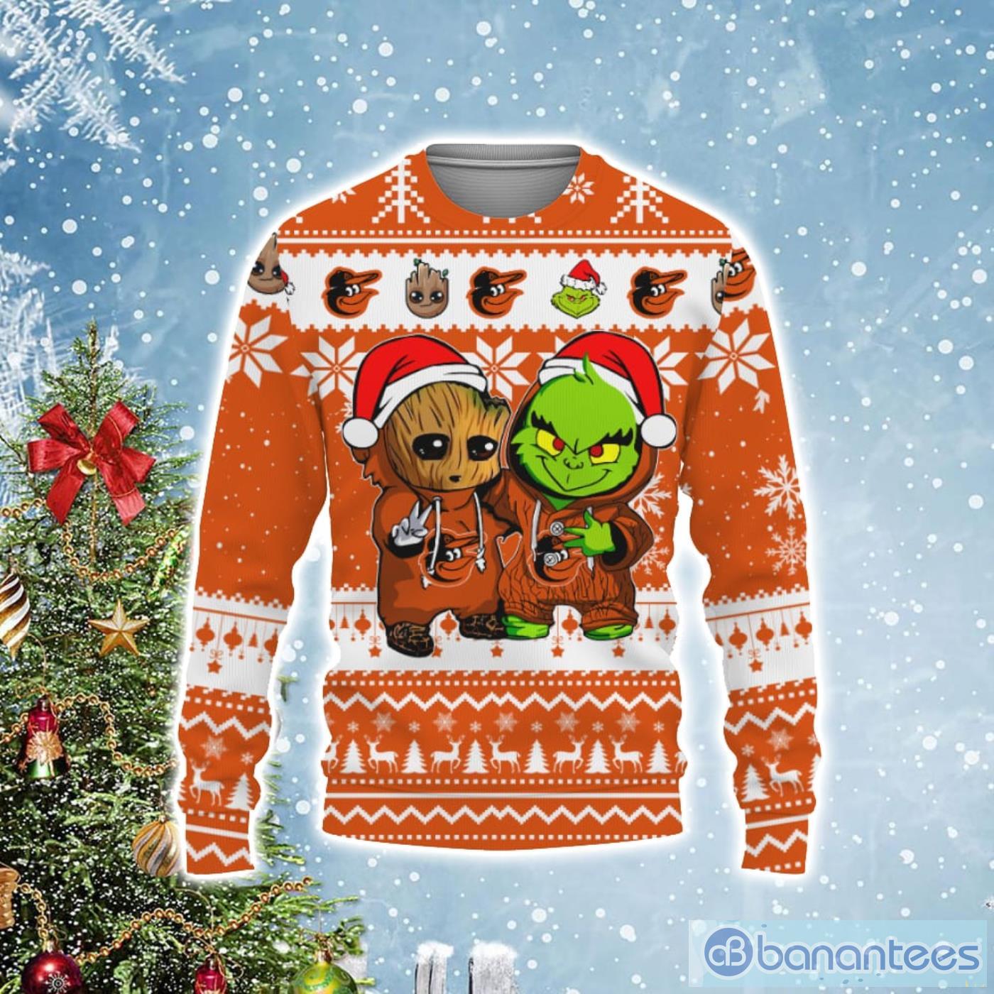 Baltimore Orioles Baby Groot And Grinch Best Friends Football Ugly Christmas Sweater Product Photo 1