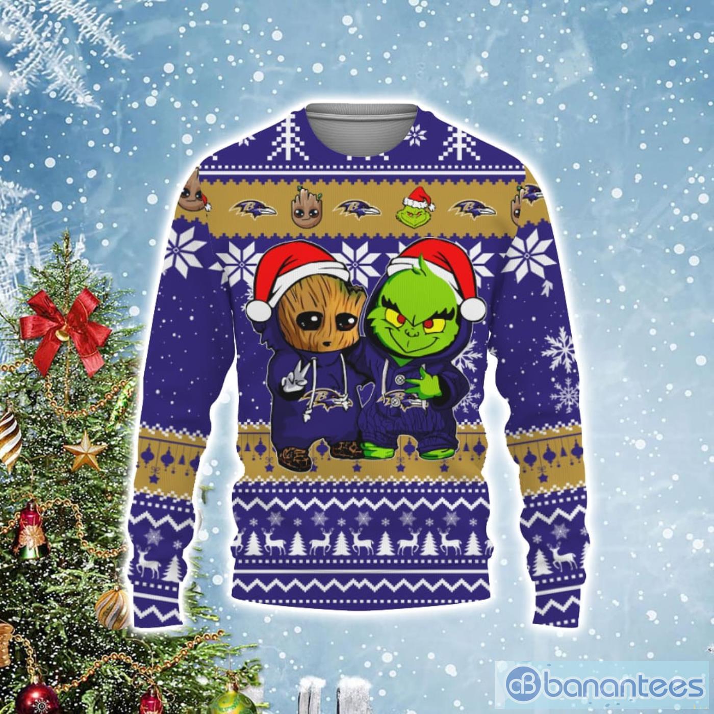 Baltimore Ravens Baby Groot And Grinch Best Friends Football Ugly Christmas Sweater Product Photo 1