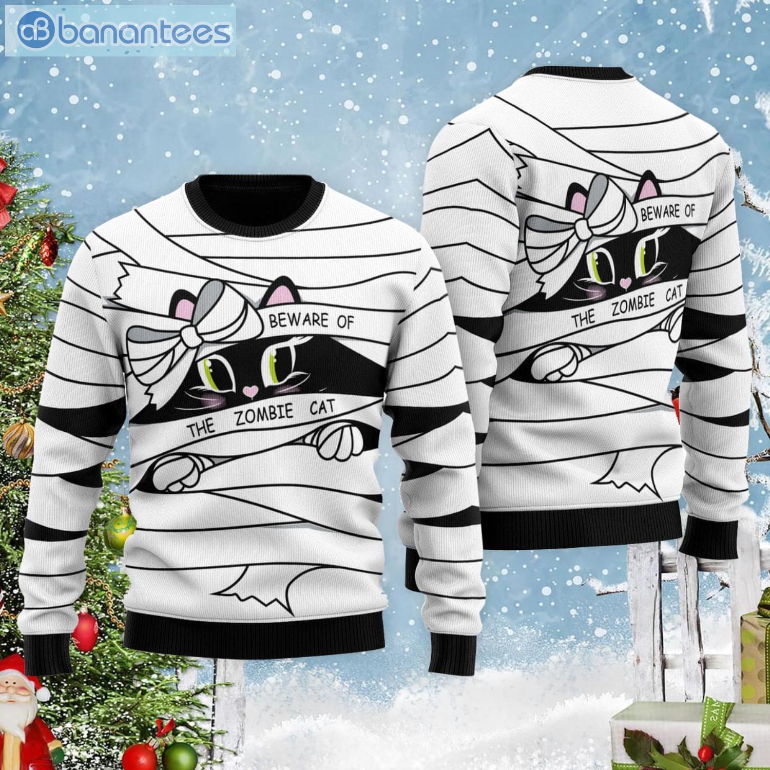 Be Ware Of A Zombie Cat Halloween Ugly Christmas Sweater Product Photo 1