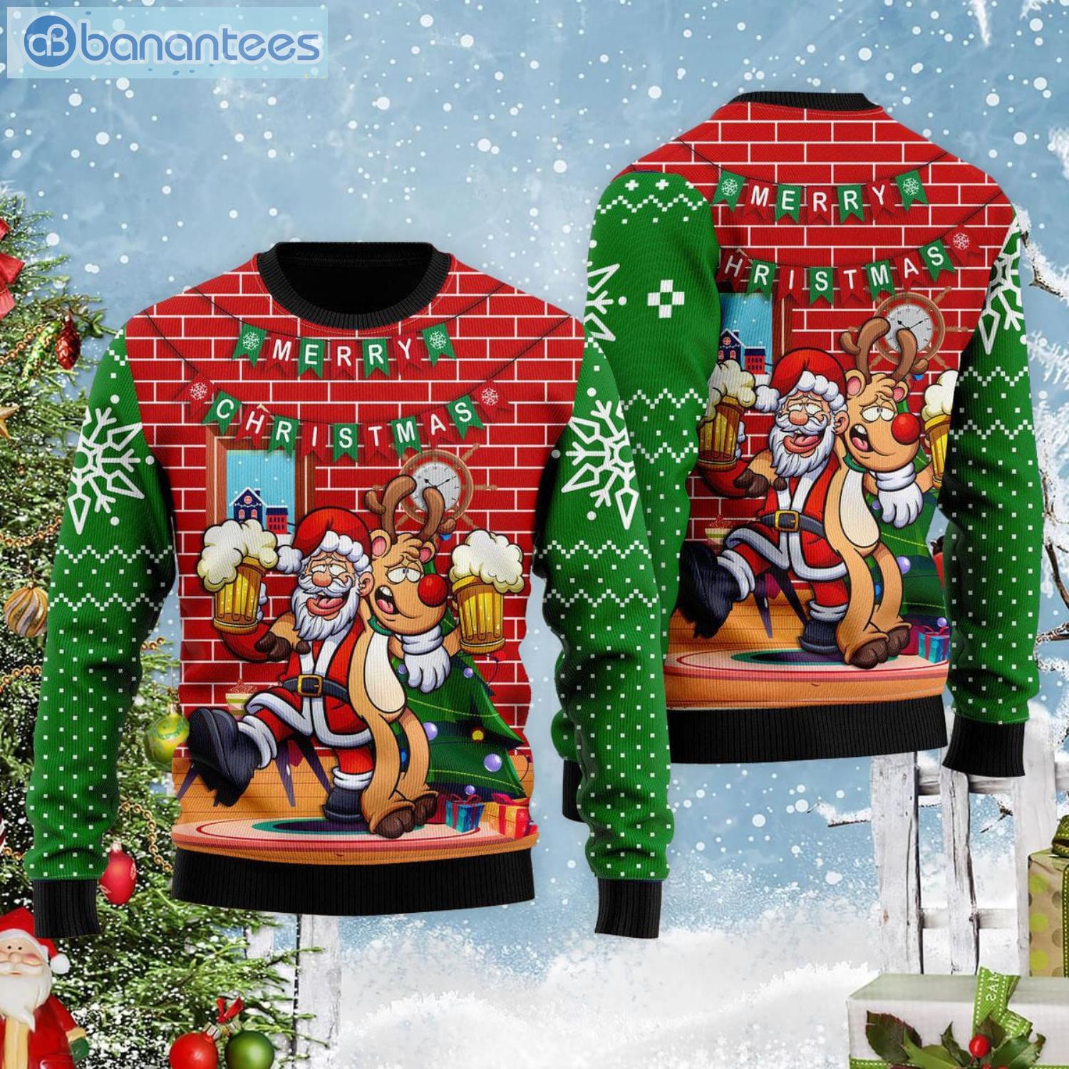 Beer Lover Funny Santa Drink Beer With Reindeer Ugly Christmas Sweater Product Photo 2