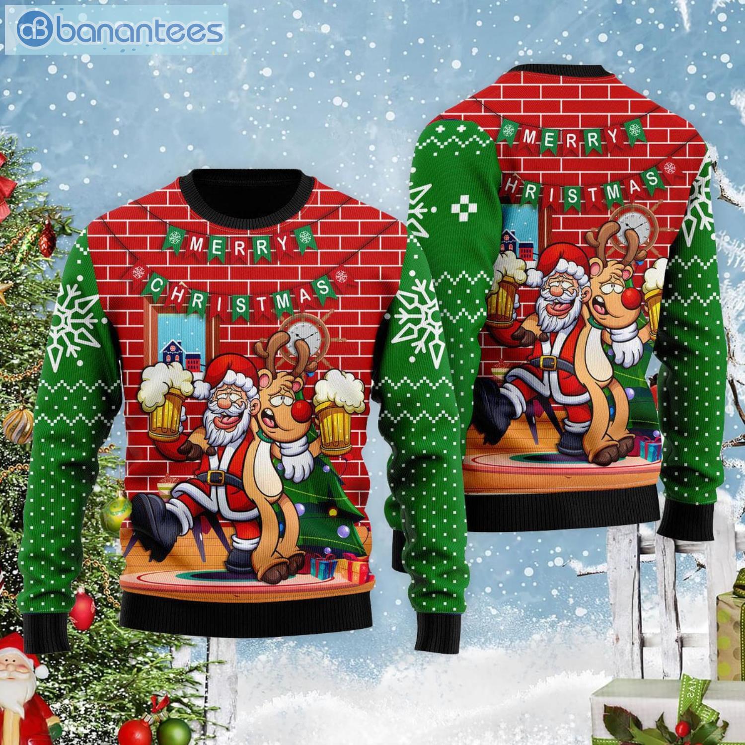 Beer Lover Funny Santa Drink Beer With Reindeer Ugly Christmas Sweater Product Photo 1