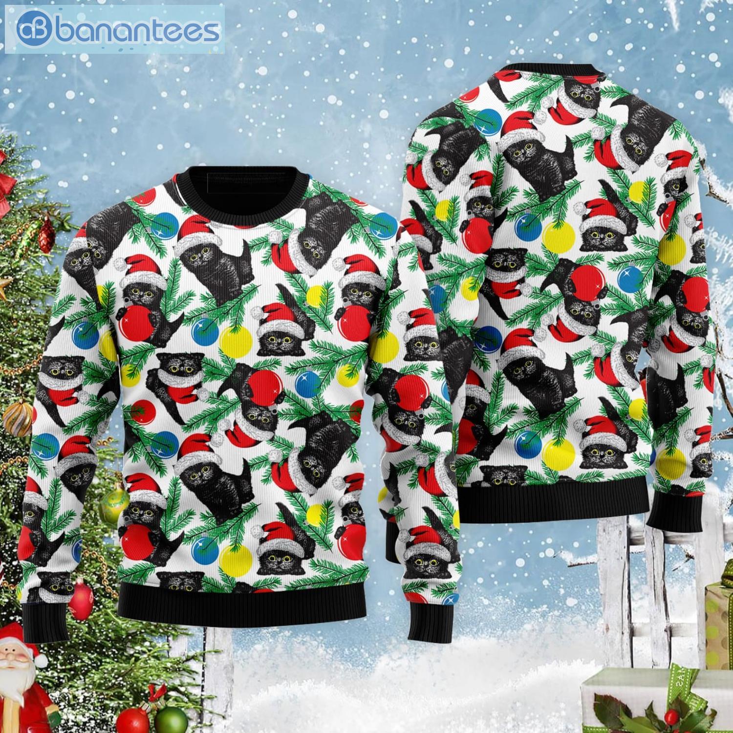 Black Cat With Xmas Balls All Over Print Ugly Christmas Sweater Product Photo 1