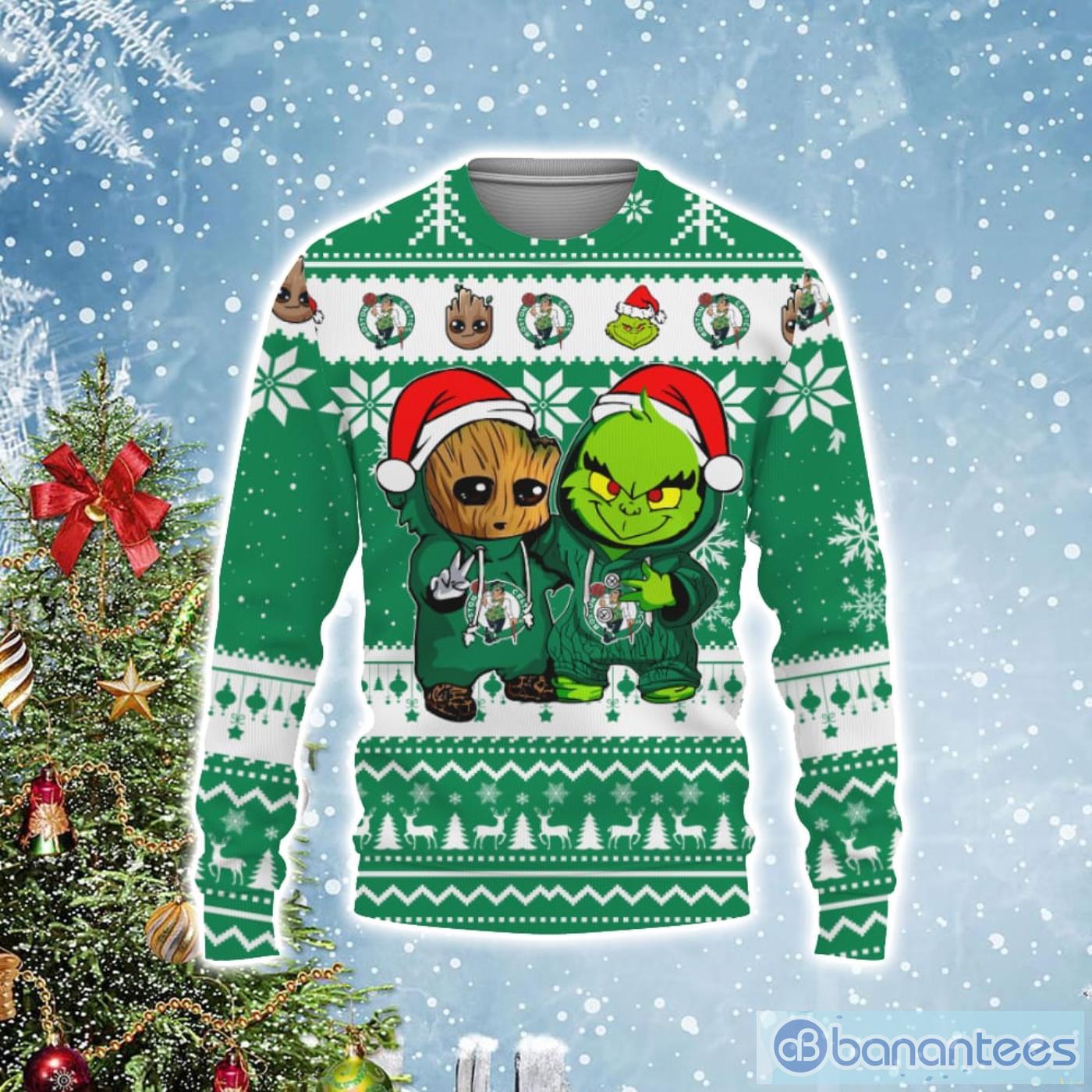 Boston Celtics Baby Groot And Grinch Best Friends Football Ugly Christmas Sweater Product Photo 1