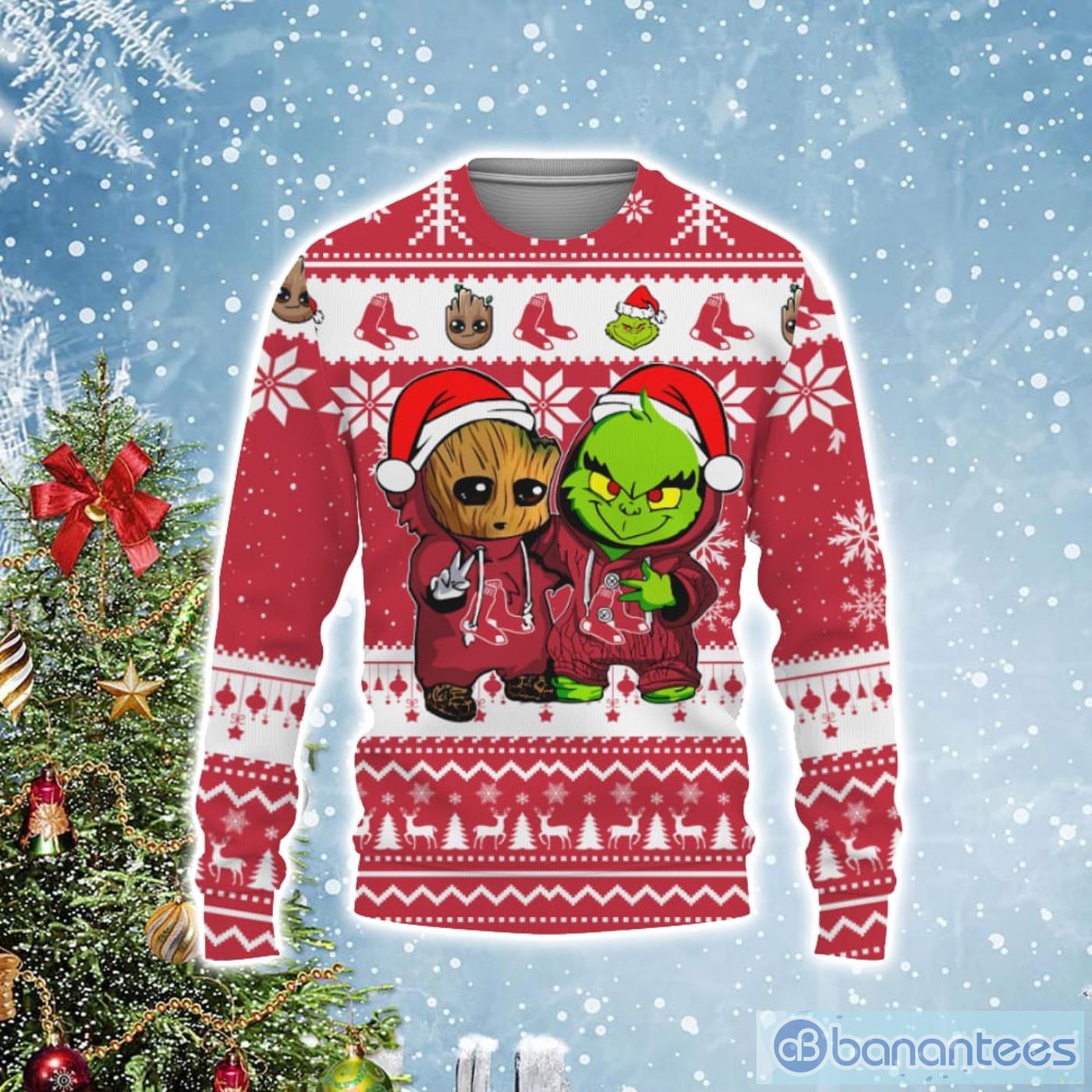 Boston Red Sox Baby Groot And Grinch Best Friends Football Ugly Christmas Sweater Product Photo 1