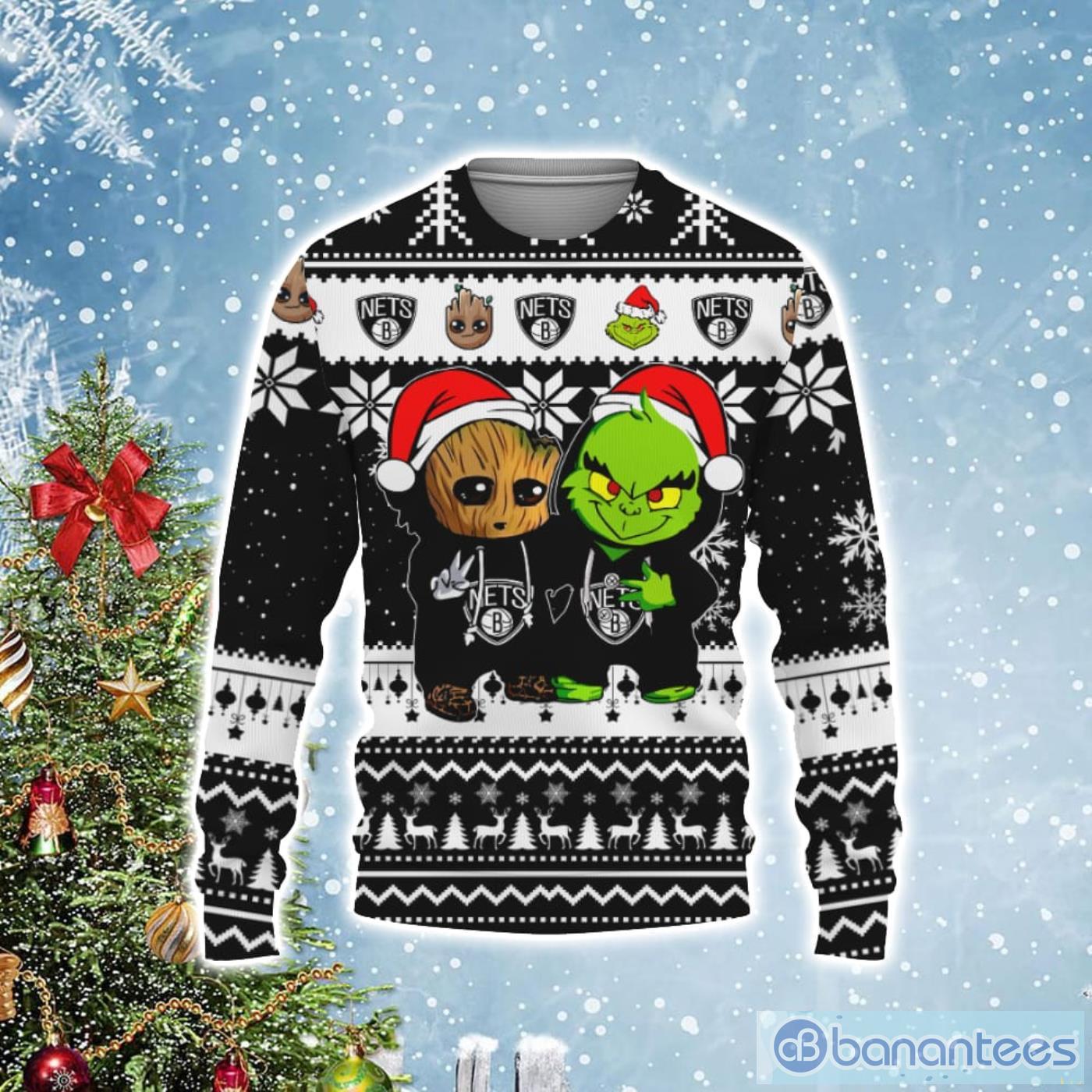 Brooklyn Nets Baby Groot And Grinch Best Friends Football Ugly Christmas Sweater Product Photo 1