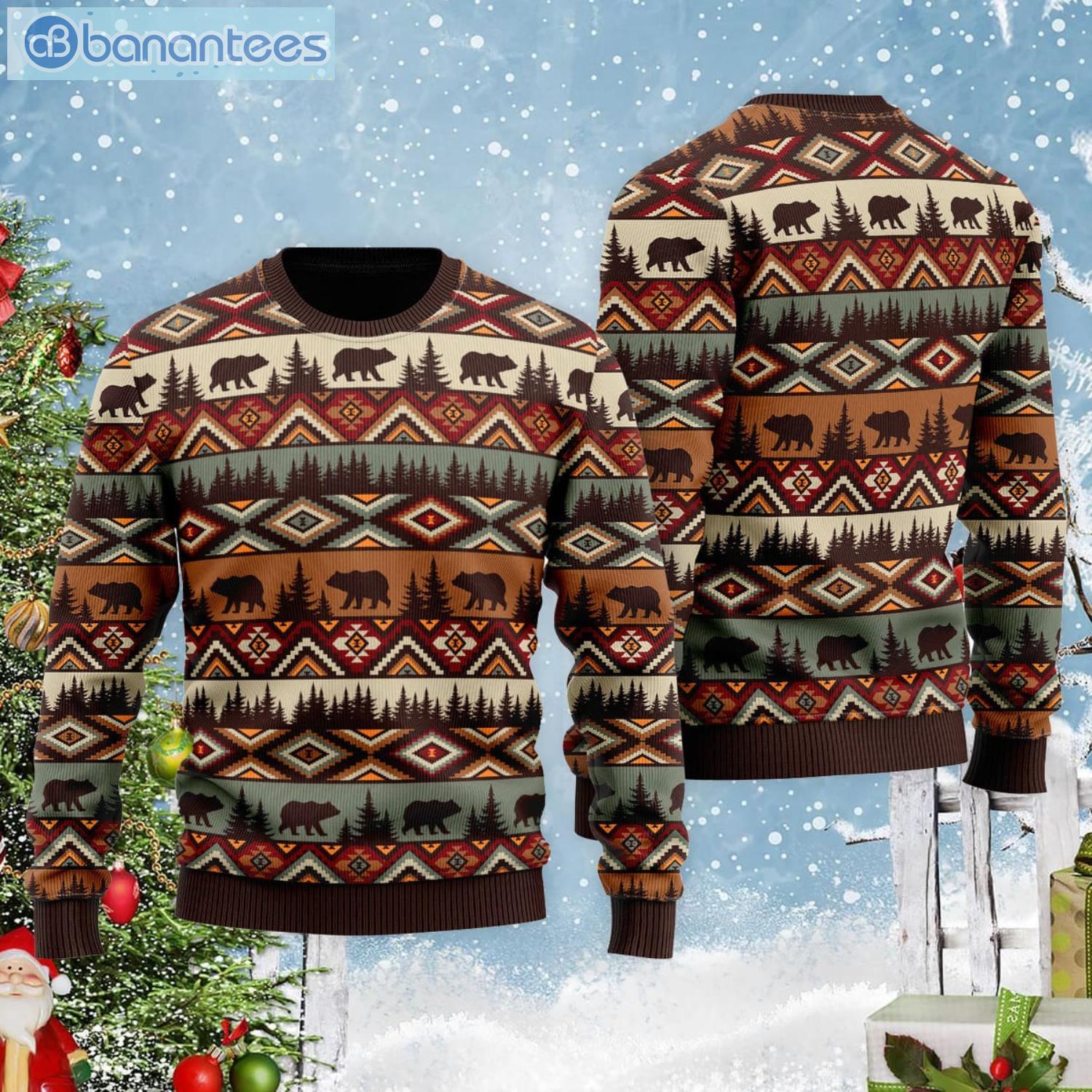 Brown Tribal Bear And Fir Tree Pattern Ugly Christmas Sweater Product Photo 1