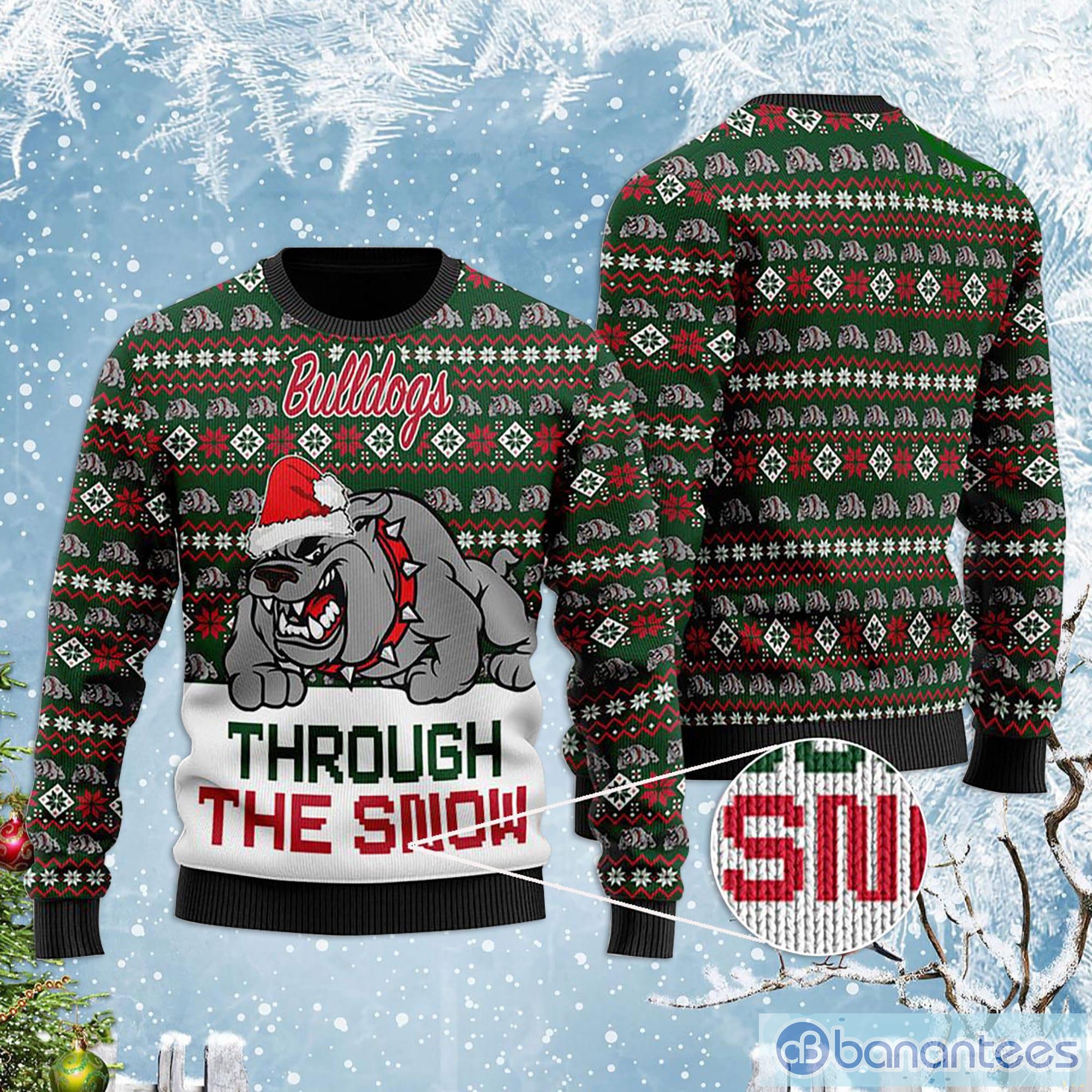 Bulldogs Through The Snow Christmas Ugly Sweater Product Photo 1