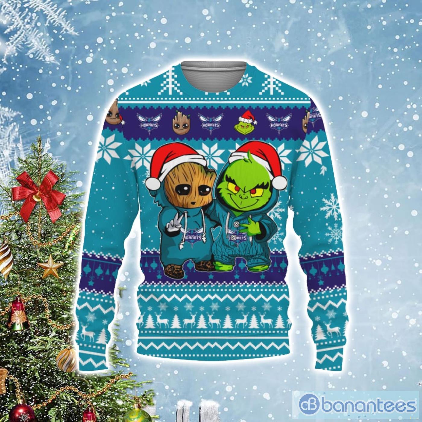 Charlotte Hornets Baby Groot And Grinch Best Friends Football Ugly Christmas Sweater Product Photo 1