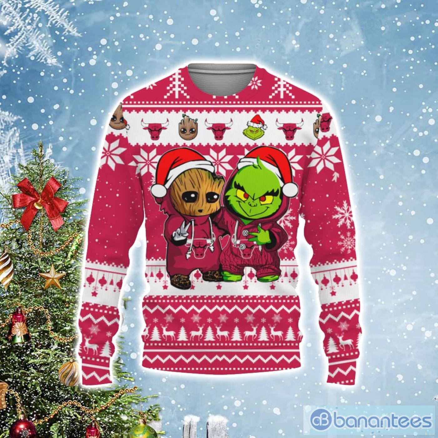 Chicago Bulls Baby Groot And Grinch Best Friends Football Ugly Christmas Sweater Product Photo 1