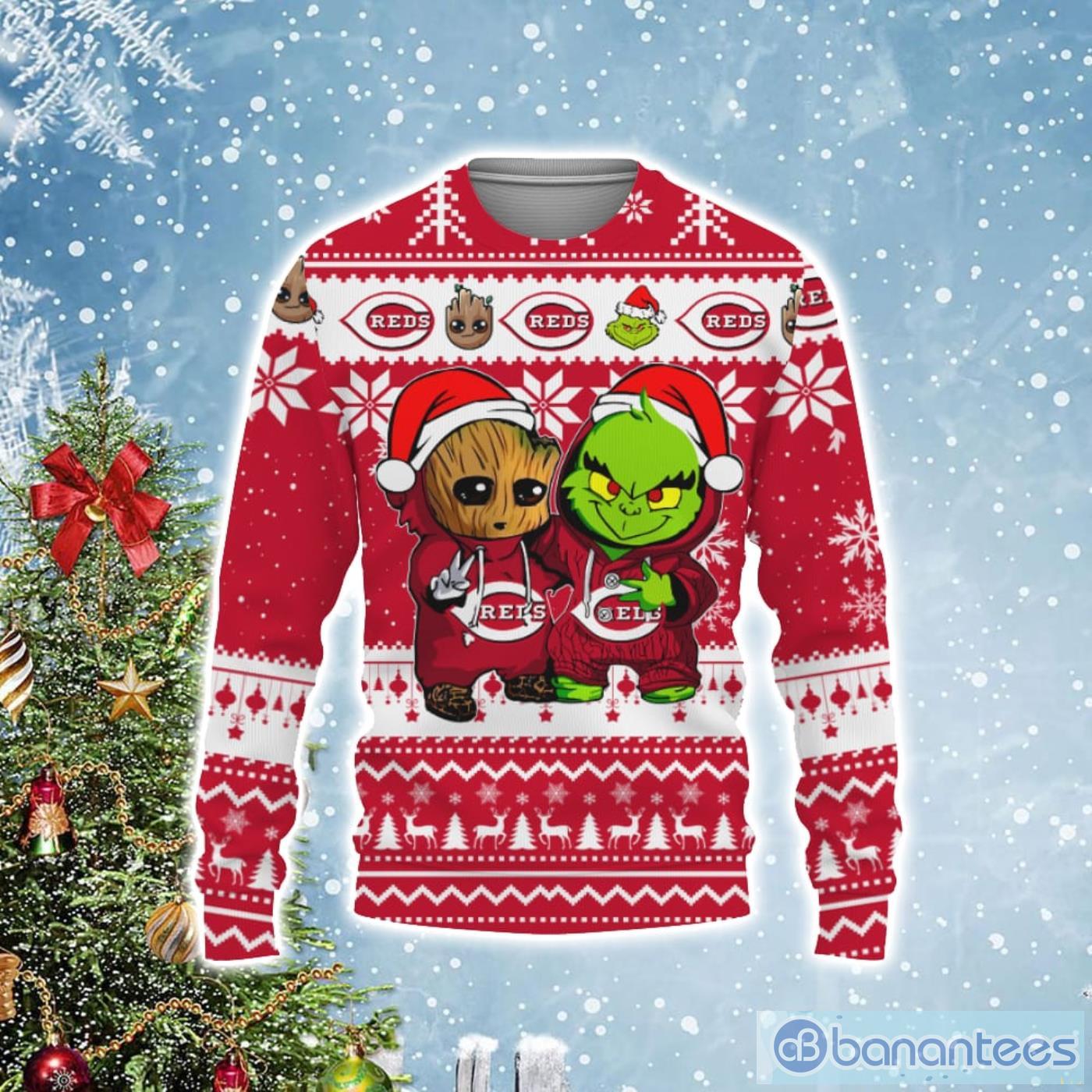 Cincinnati Reds Baby Groot And Grinch Best Friends Football Ugly Christmas Sweater Product Photo 1