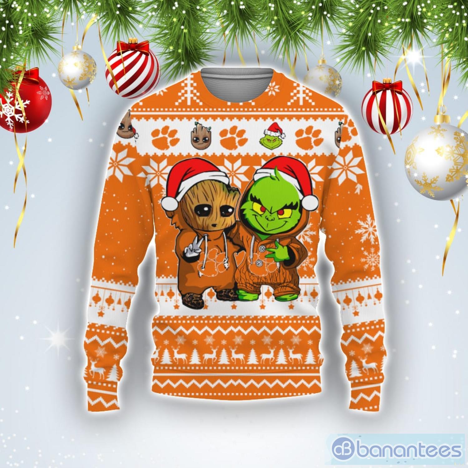 Clemson Tigers Baby Groot And Grinch Best Friends Football American Ugly Christmas Sweater Product Photo 1