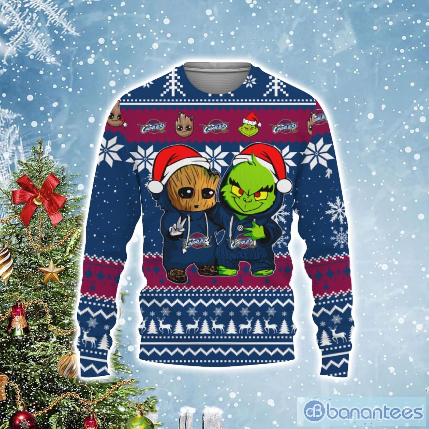 Cleveland Cavaliers Baby Groot And Grinch Best Friends Football Ugly Christmas Sweater Product Photo 1