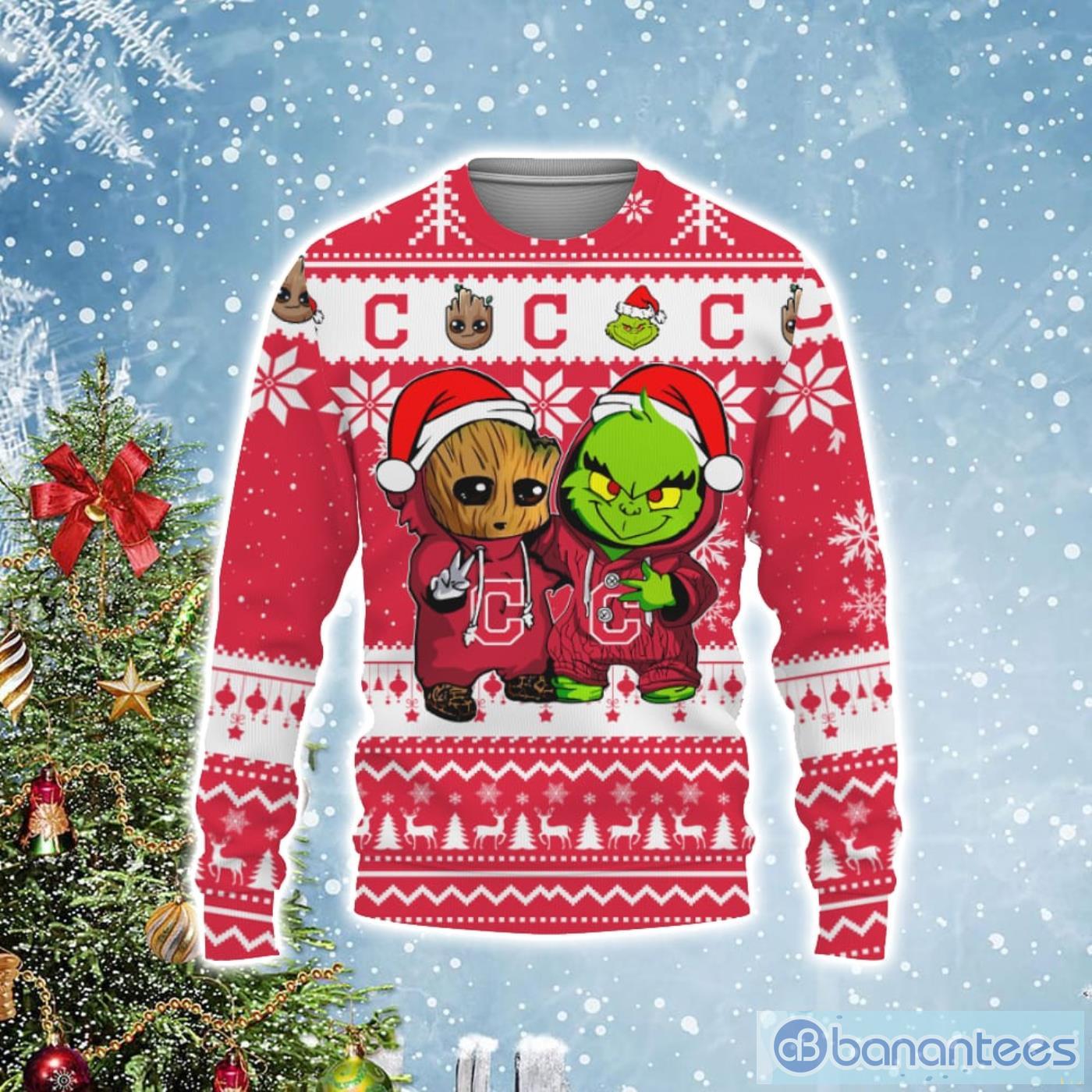 Cleveland Indians Baby Groot And Grinch Best Friends Football Ugly Christmas Sweater Product Photo 1 Cleveland Indians Baby Groot And Grinch Best Friends Football Ugly Christmas Sweater Product Photo 1