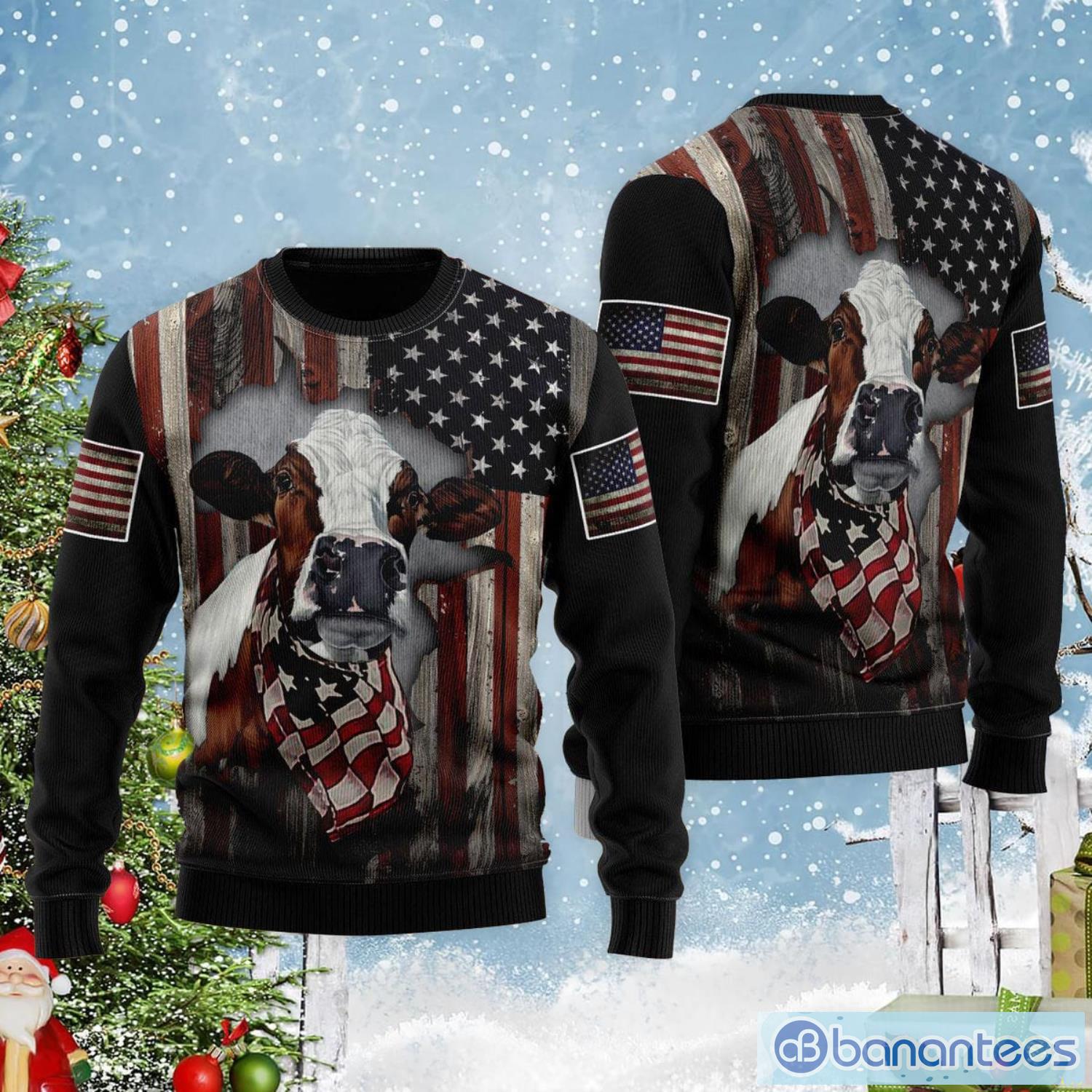 Cow American Flag Patriotic Ugly Christmas Sweater Product Photo 2