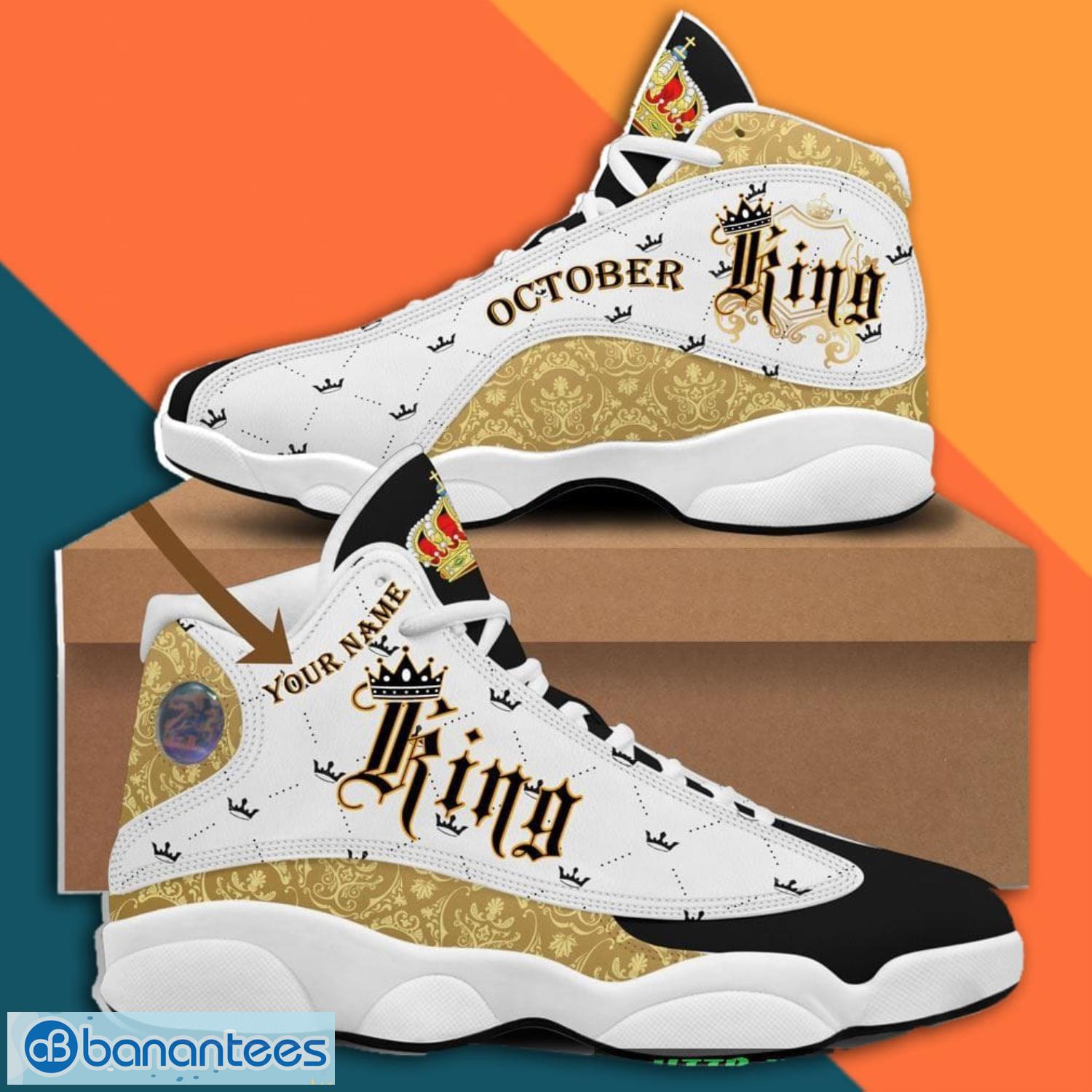 Custom Name October King Air Gold Jordan 13 Sneaker Shoes - Banantees