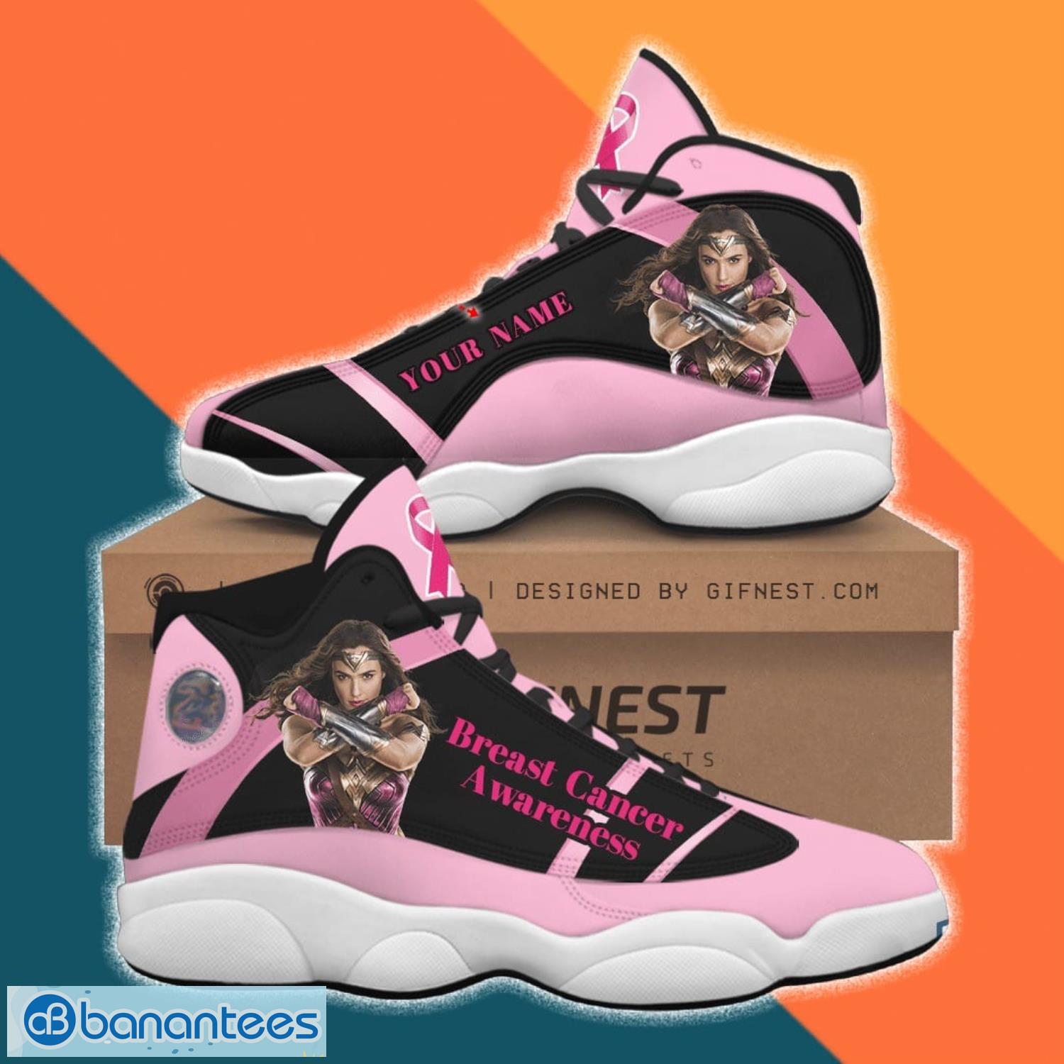 Custom Name Wonder Woman Breast Cancer Awareness Air Jordan 13 Sneaker Shoes Product Photo 1