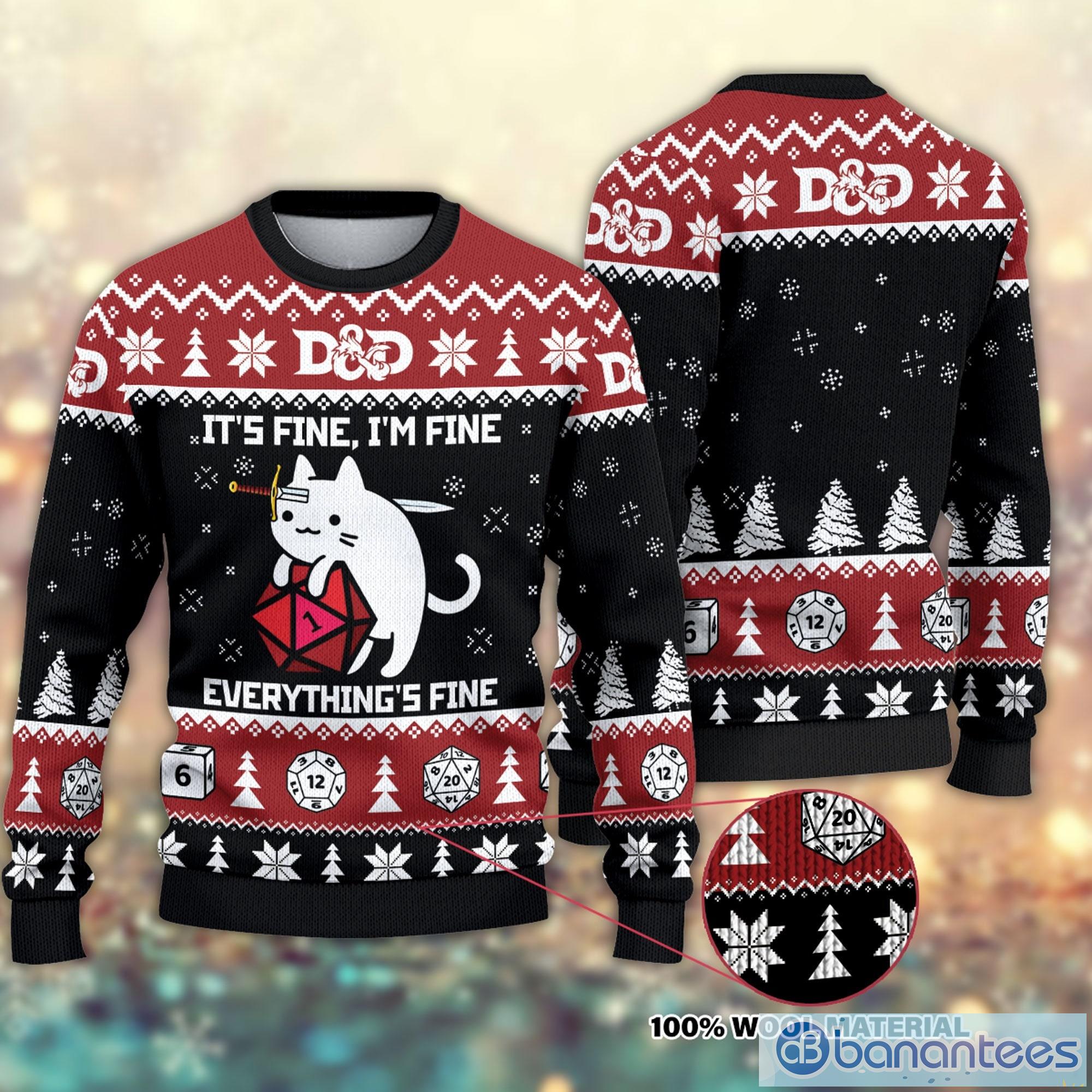 D&D Dragon Sweater Funny Cat It's Fine Everything Fine Ugly Christmas Sweater Product Photo 1