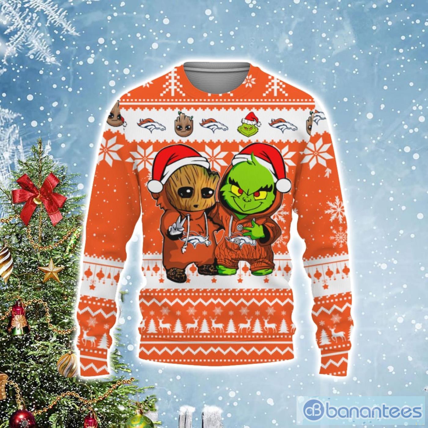 Denver Broncos Baby Groot And Grinch Best Friends Football Ugly Christmas  Sweater - Banantees