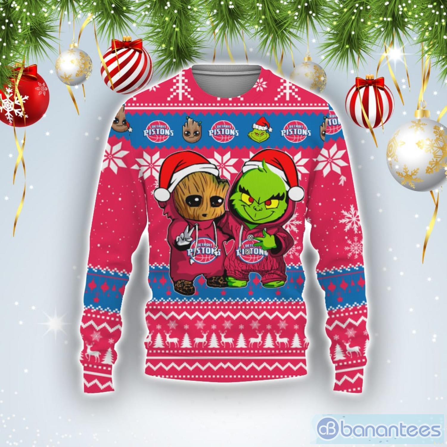 Detroit Pistons Baby Groot And Grinch Best Friends Football American Ugly Christmas Sweater Product Photo 1